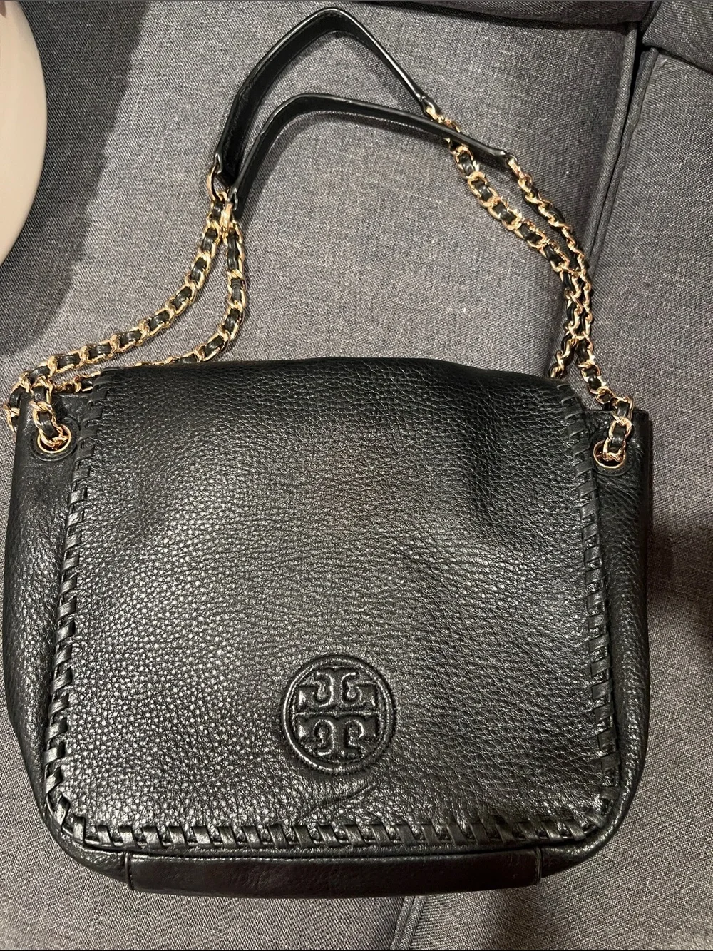 Tory Burch Black Leather Chain-Trim Shoulder Bag